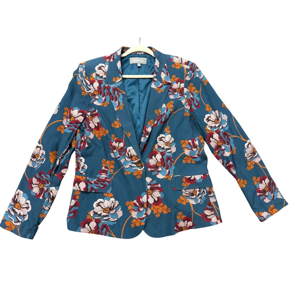Daniel Rainn Floral Blazer Womens Large Teal Blue Excellent Single Button D3049R
